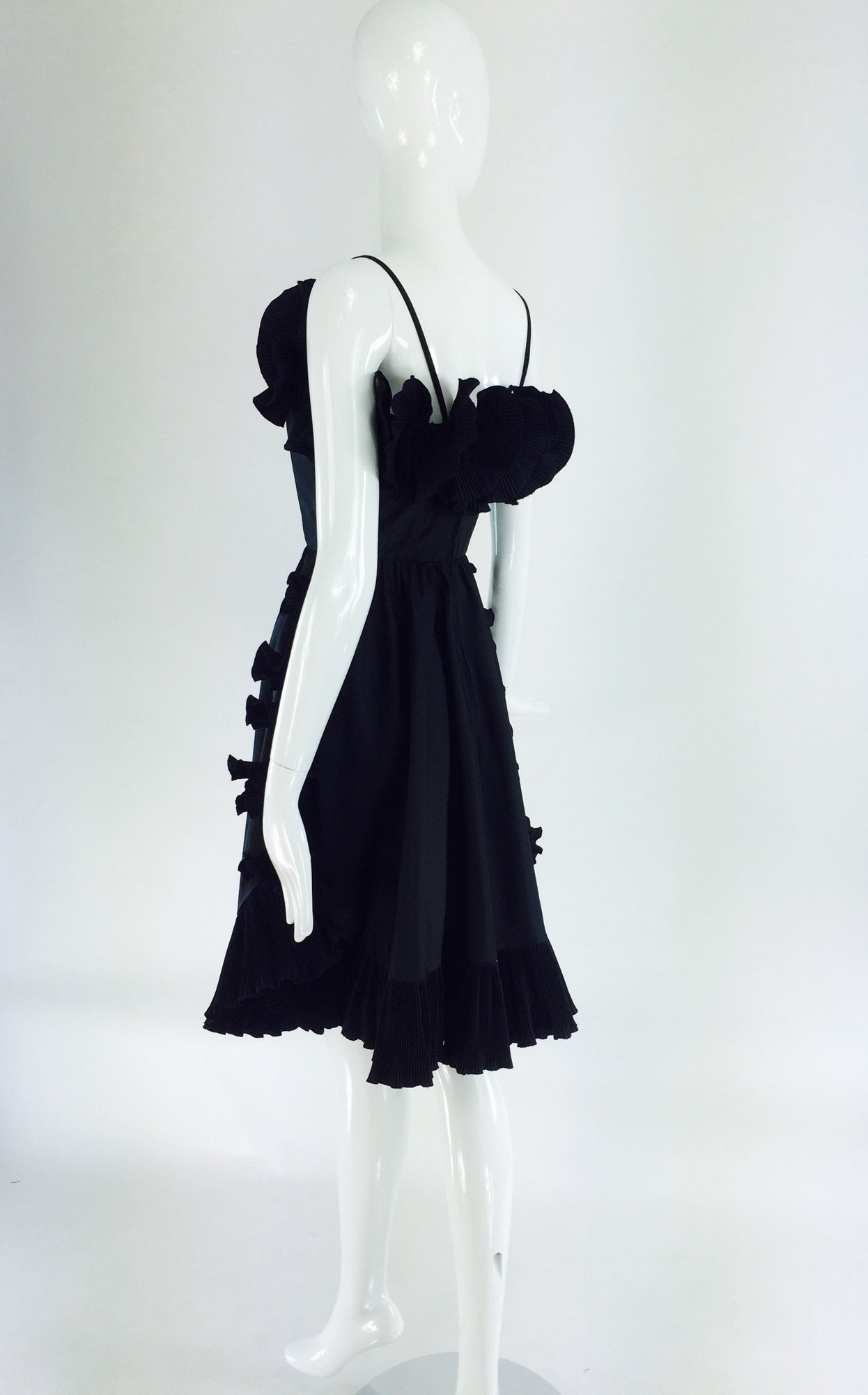 Frank Usher, London black taffeta ruffle pleat trim cocktail dress 1970s 2