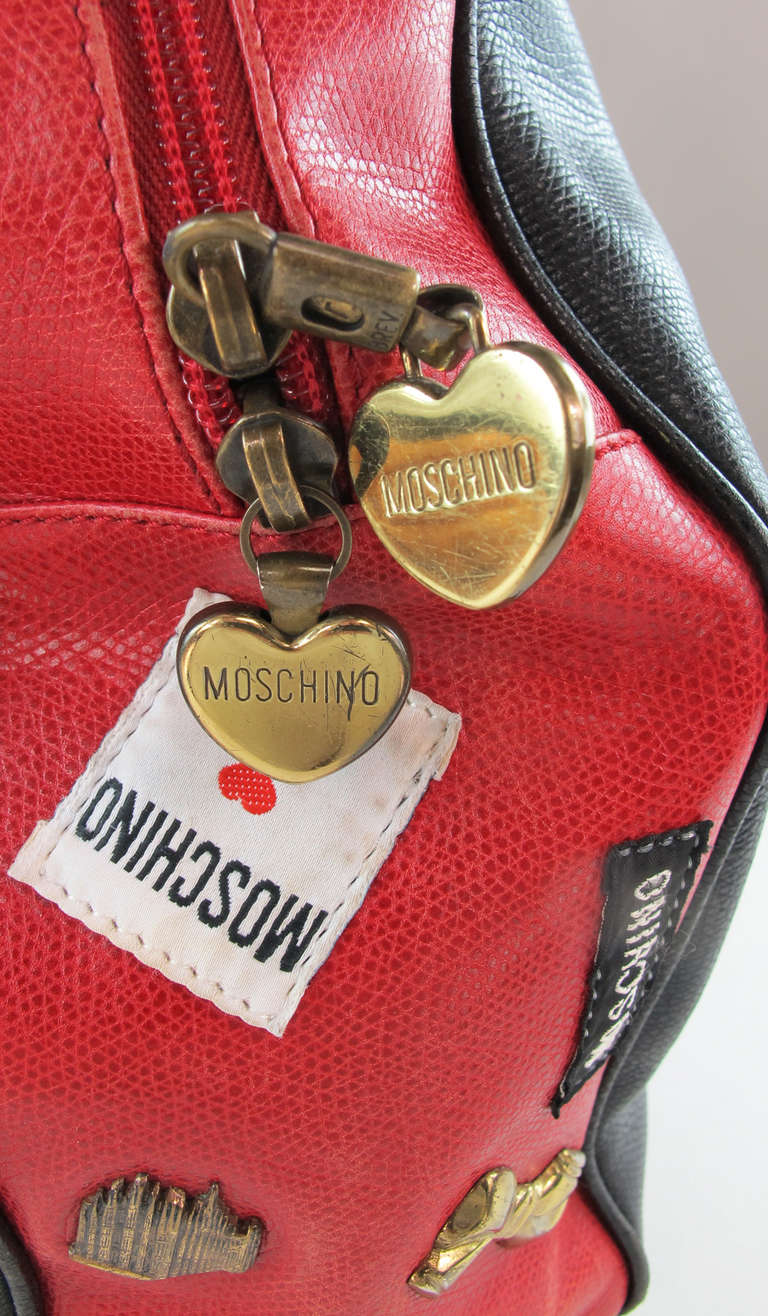 Women's Rare 1980s Moschino Redwall applique charm leather bowler handbag