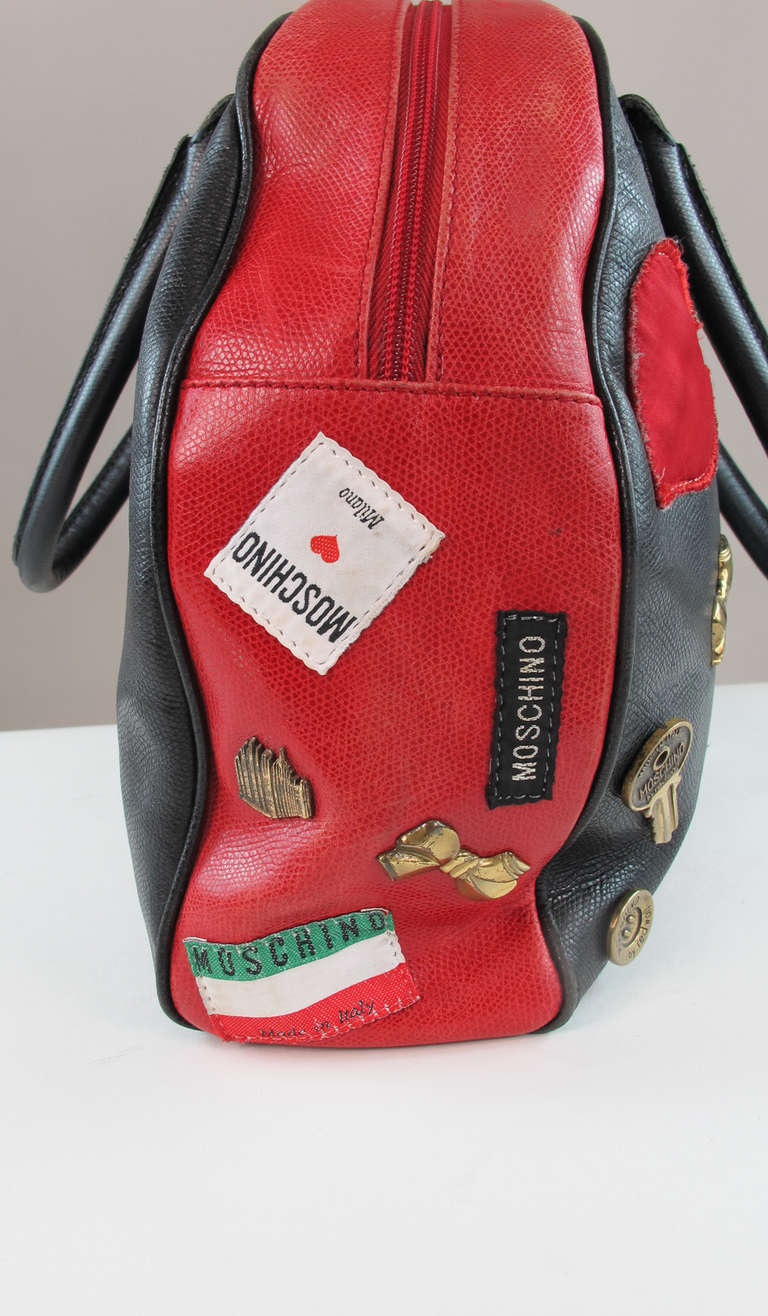 Rare 1980s Moschino Redwall applique charm leather bowler handbag 1