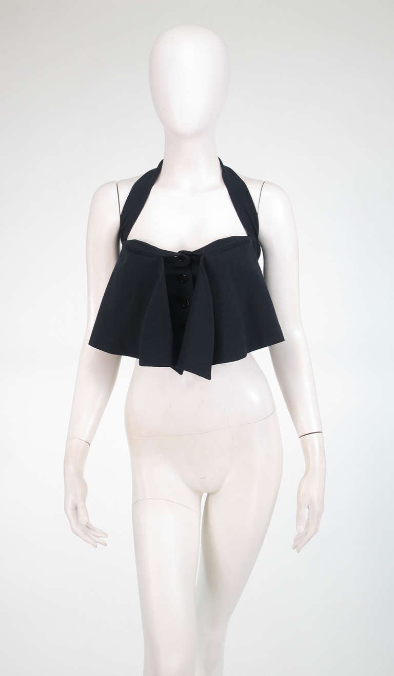 1990s Romeo Gigli black stretch cropped halter top...Fitted bodice buttons at the front with an over 