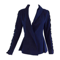 Issey Miyake ink blue curved back ruched band sleeve jacket