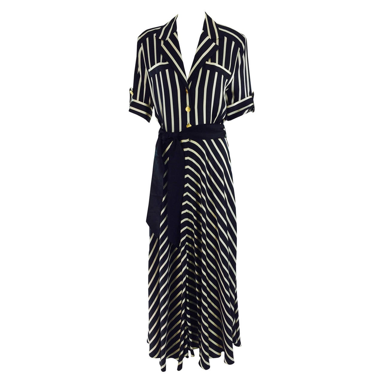 1980s Escada black & ivory silk stripe dress