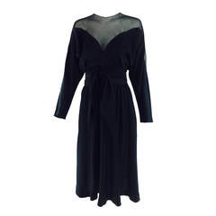 1970s Halston black silk chiffon & silk charmeuse bias cut cocktail dress 10