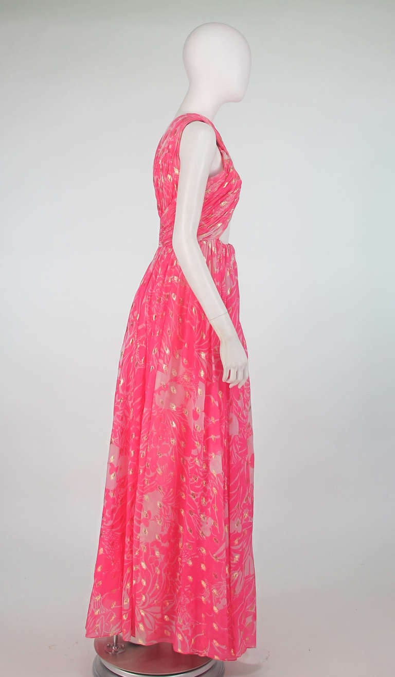 Pink 1970s Malcolm Starr metallic chiffon wrap front evening gown