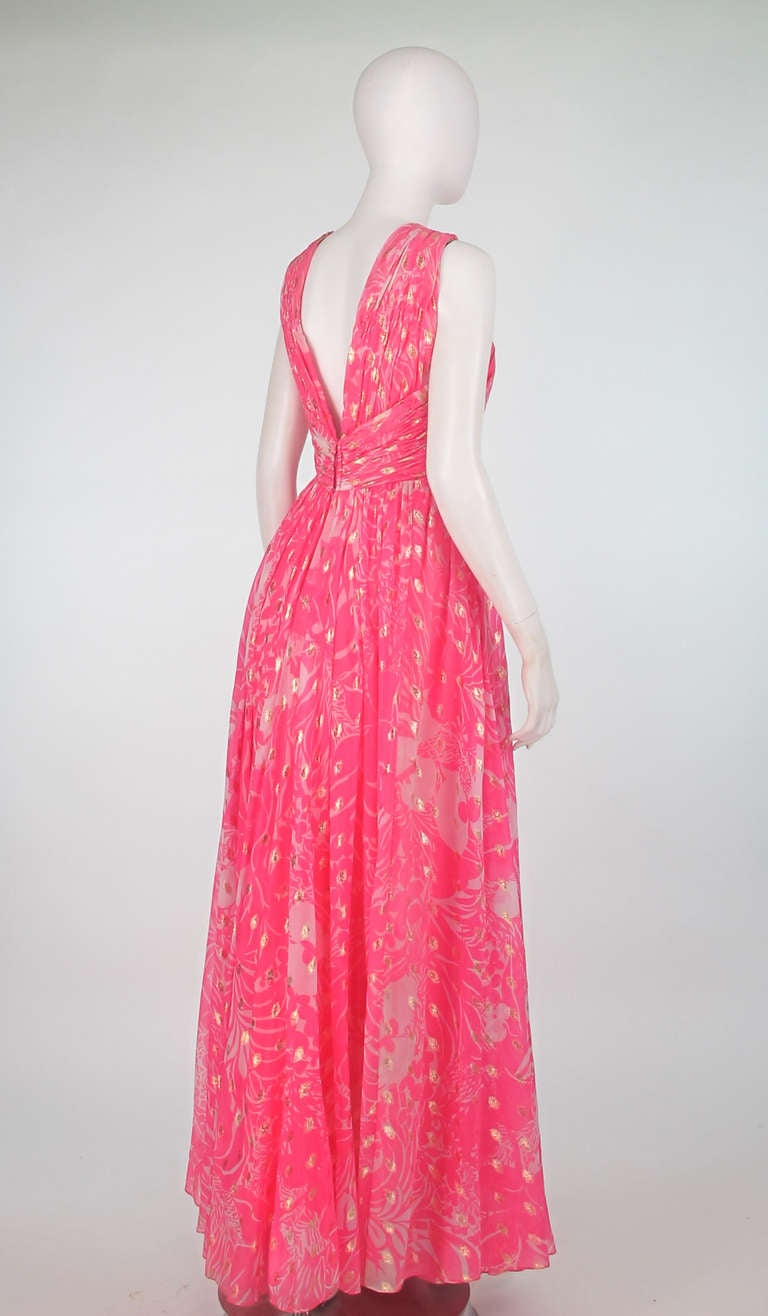 1970s Malcolm Starr metallic chiffon wrap front evening gown In Excellent Condition In West Palm Beach, FL