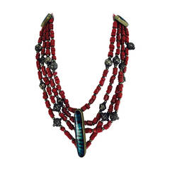 Early 20th C. Turkomen tribal coral bead & silver necklace