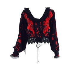 Vintage 1960s bohemian black & red embroidered silk fringe blouse