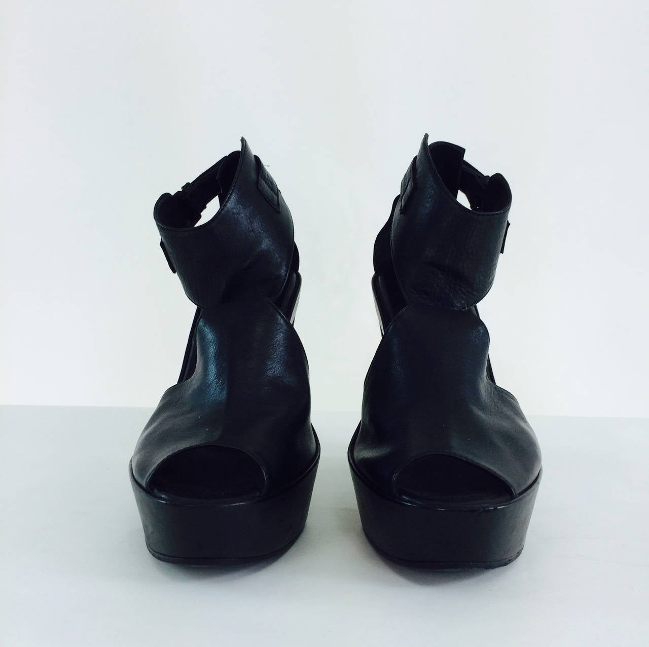 Ann Demeulemeester black leather cut out wedge platform shoes In Excellent Condition In West Palm Beach, FL