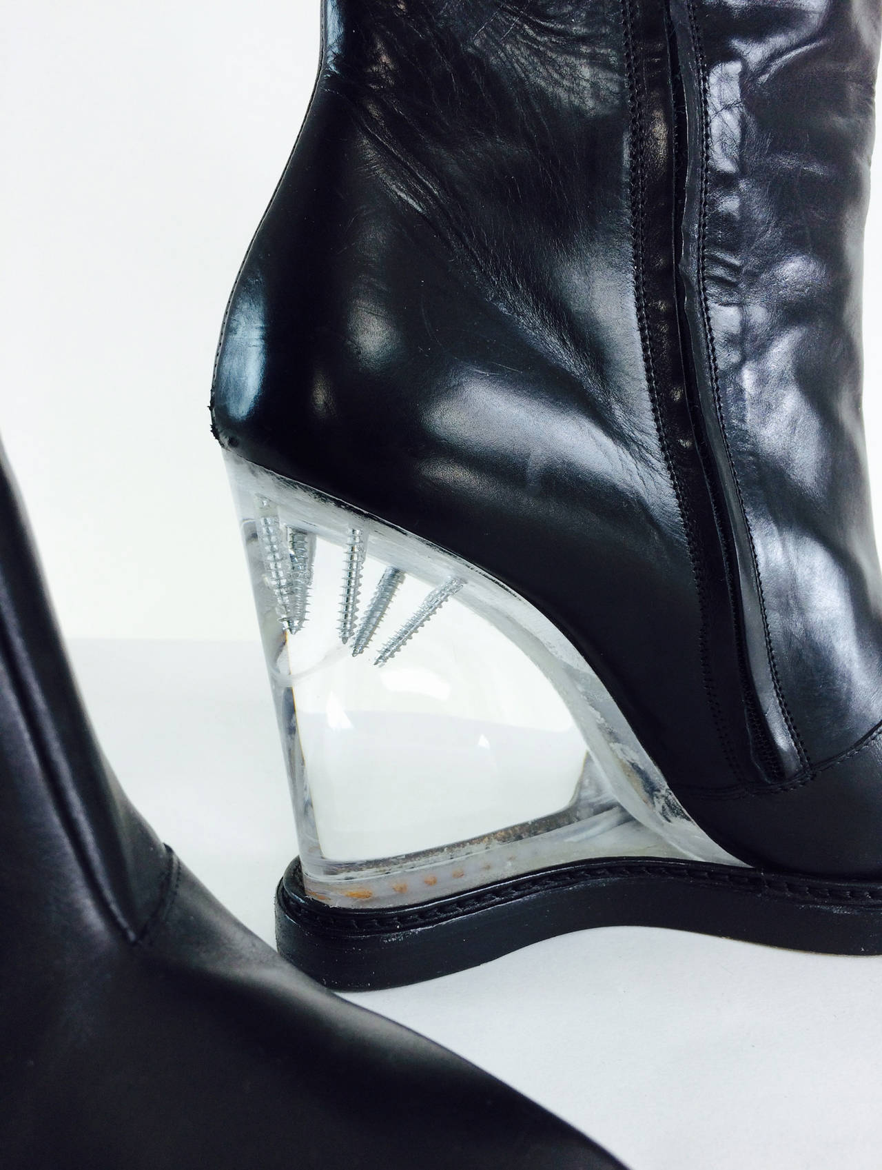Mason Martin Margiela plexi heel mid calf black leather boots 39 1/2 In Excellent Condition In West Palm Beach, FL