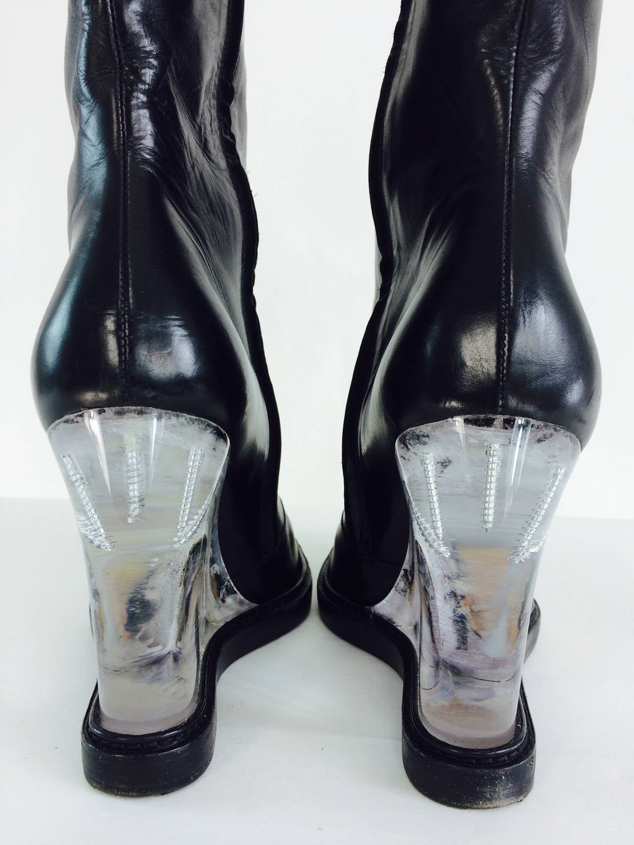 Black Mason Martin Margiela plexi heel mid calf black leather boots 39 1/2