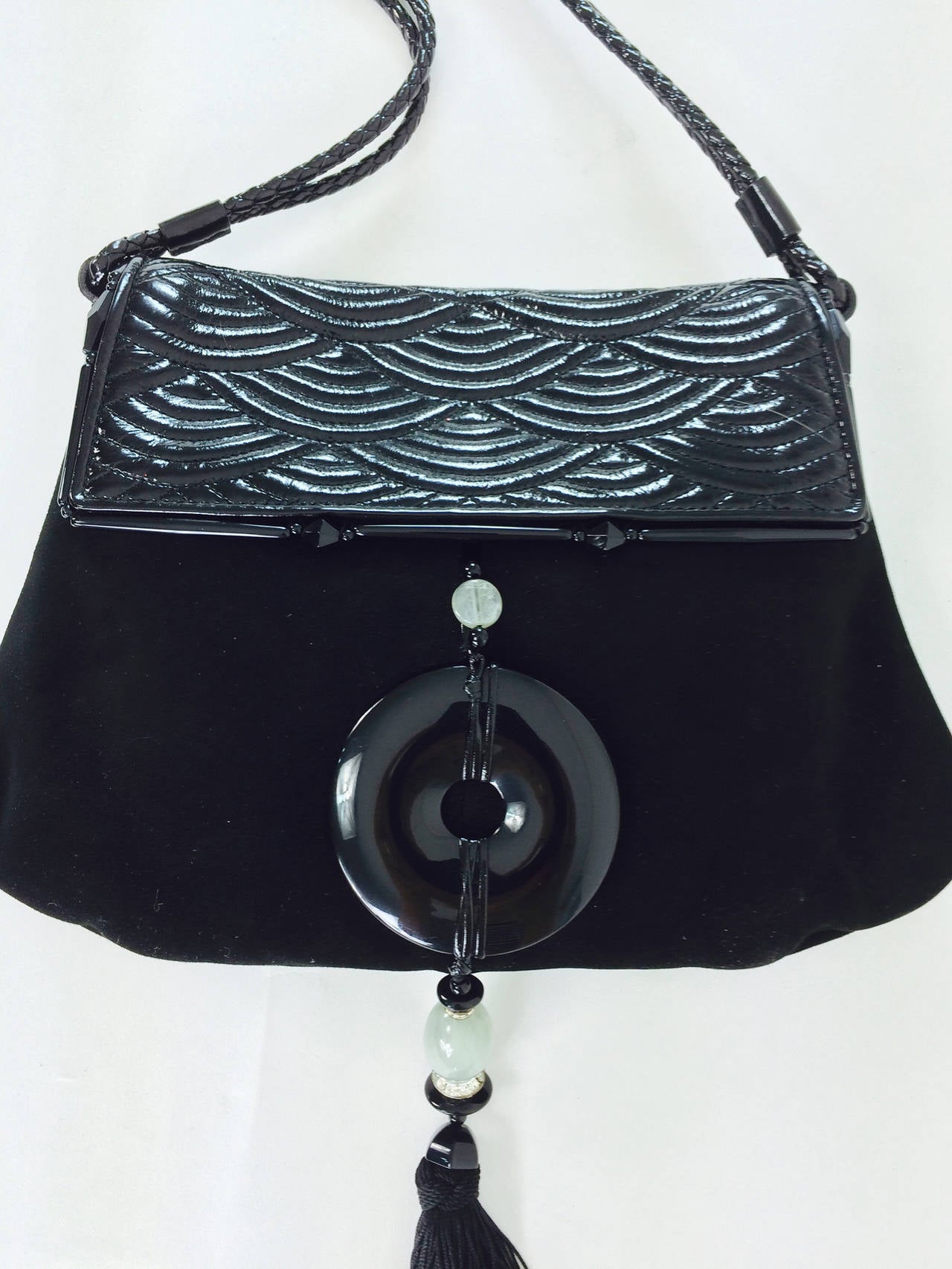 Yves St Laurent RIve gauche black Chinoiserie evening handbag...Black suede bag has a patent leather top flap with 