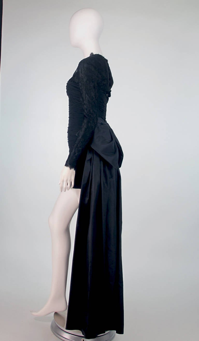 1980s Renato Balestra black silk cocktail dress with tails 3