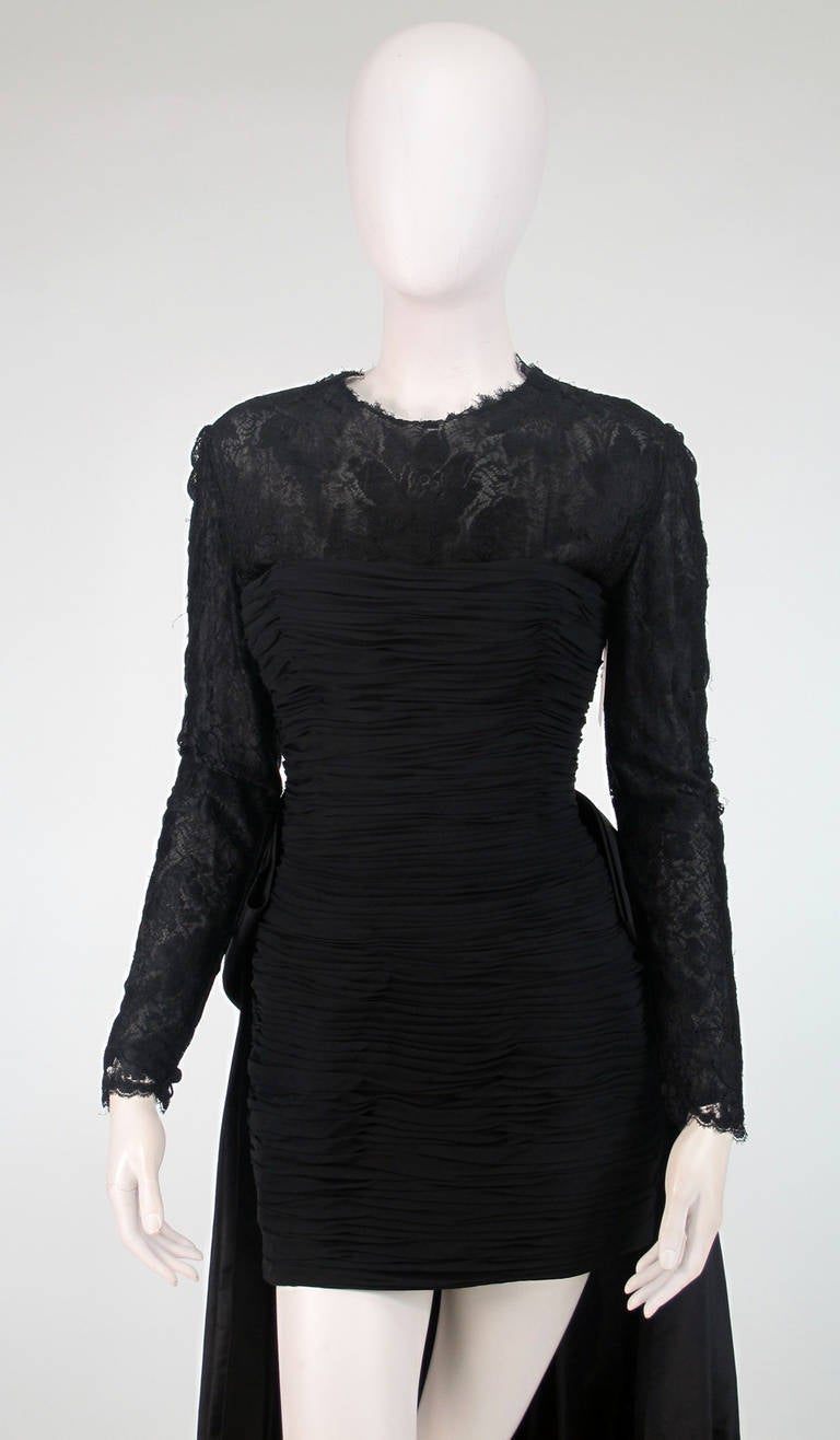 1980s Renato Balestra black silk cocktail dress with tails 4