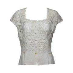 Vintage Madeira handmade cut work lace embroidered blouse in off white 1950s