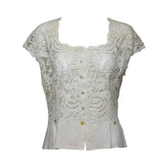 Madeira handmade cut work lace embroidered blouse in off white 1950s 6