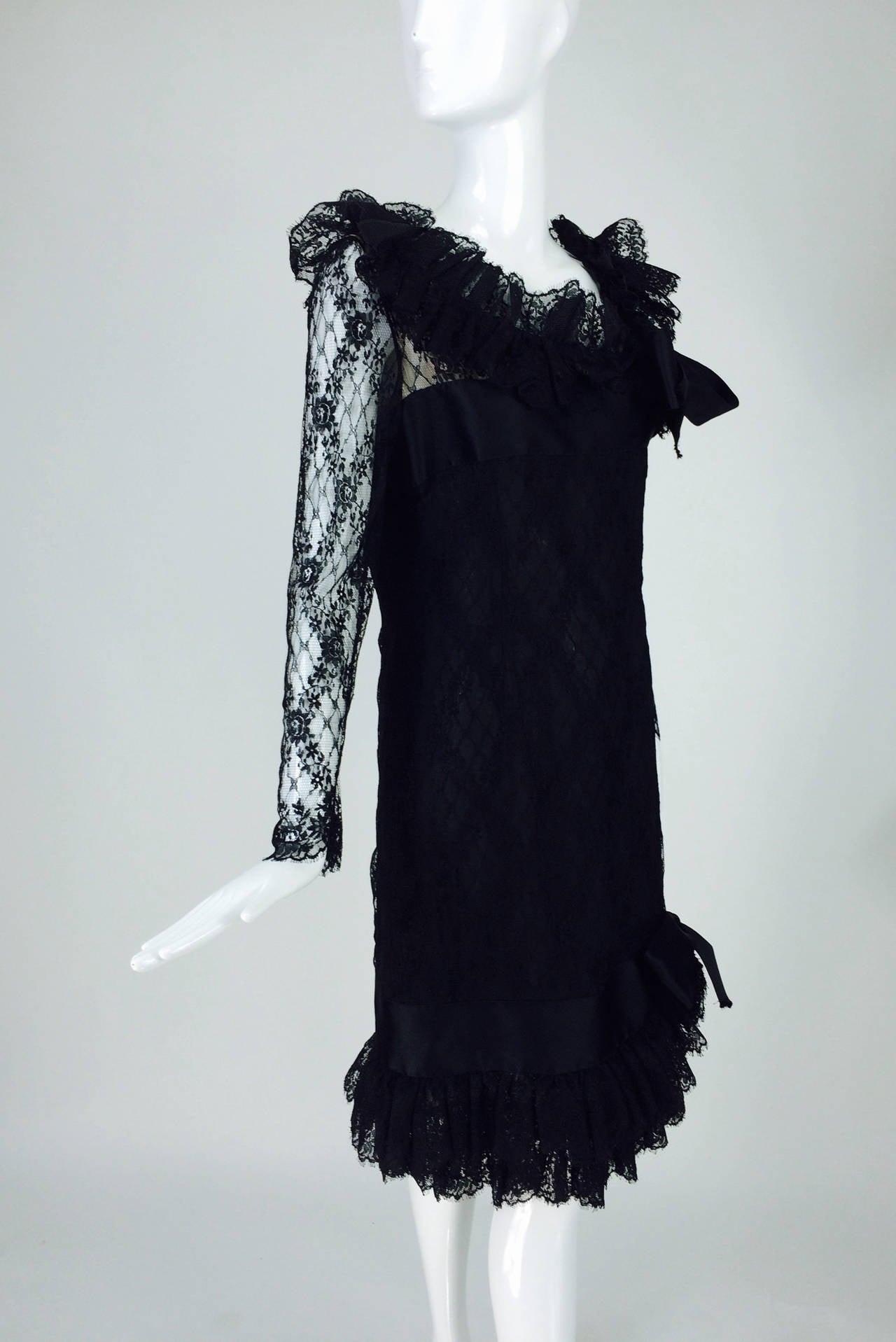 Bill Blass black lace ruffle & bow trimmed cocktail dress 1970s 5