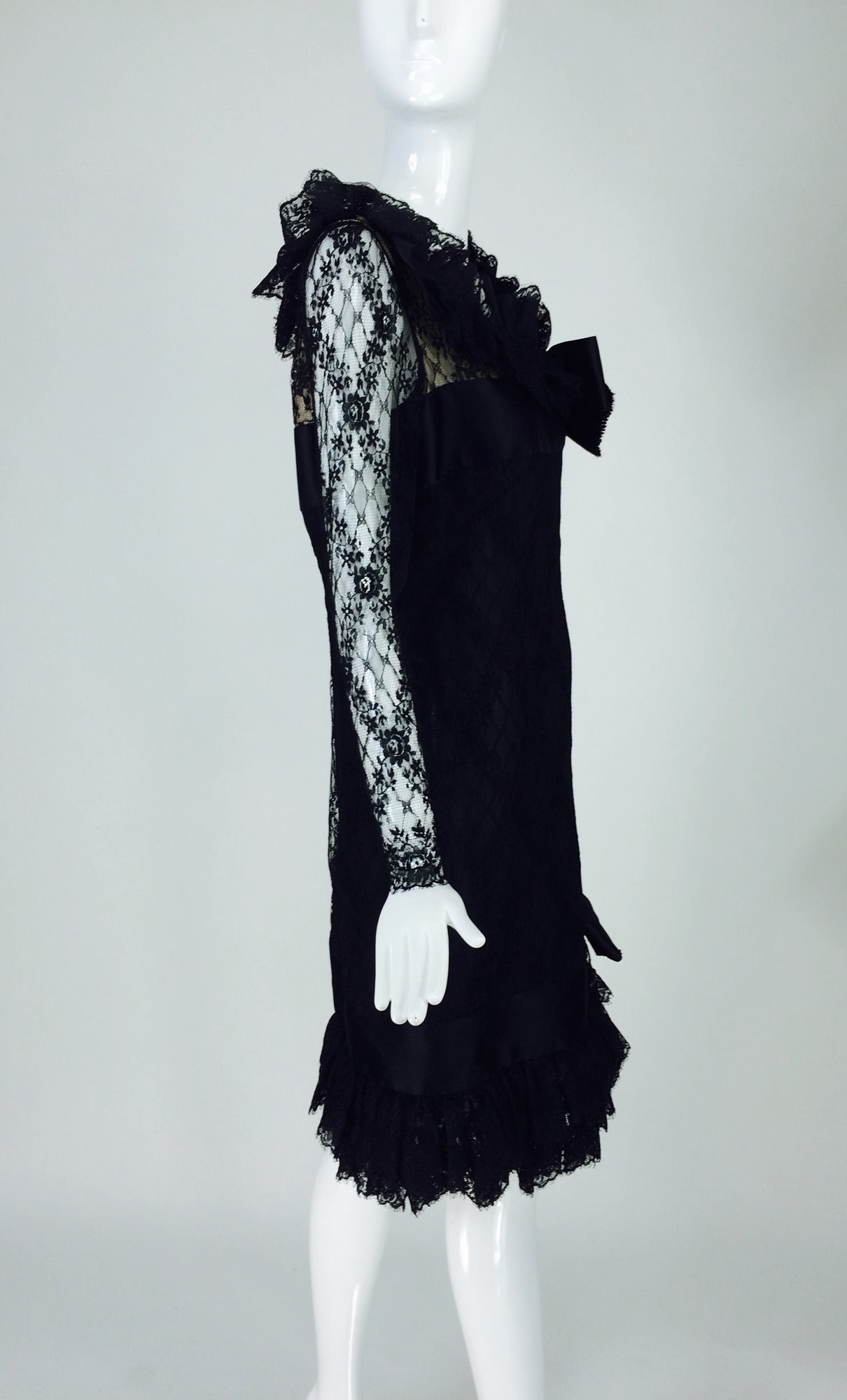 Bill Blass black lace ruffle & bow trimmed cocktail dress 1970s 4