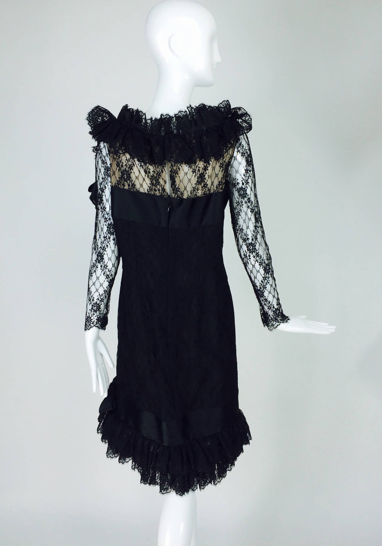 Bill Blass black lace ruffle & bow trimmed cocktail dress 1970s 3