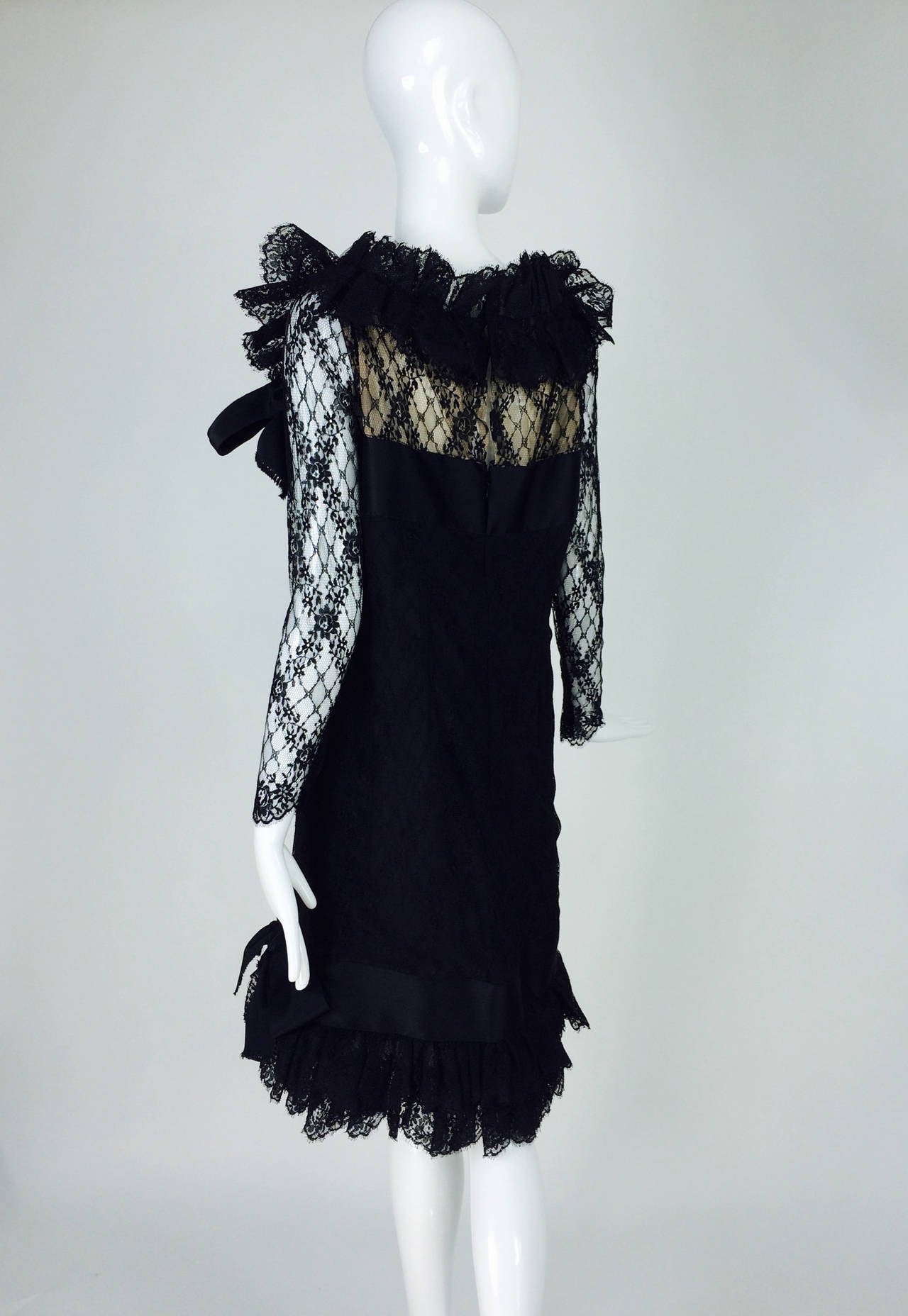 Bill Blass black lace ruffle & bow trimmed cocktail dress 1970s 2