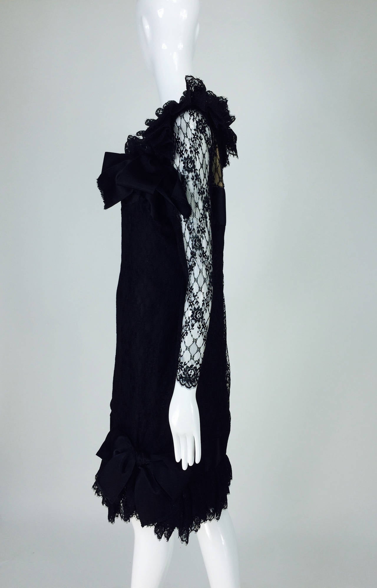 Bill Blass black lace ruffle & bow trimmed cocktail dress 1970s 1