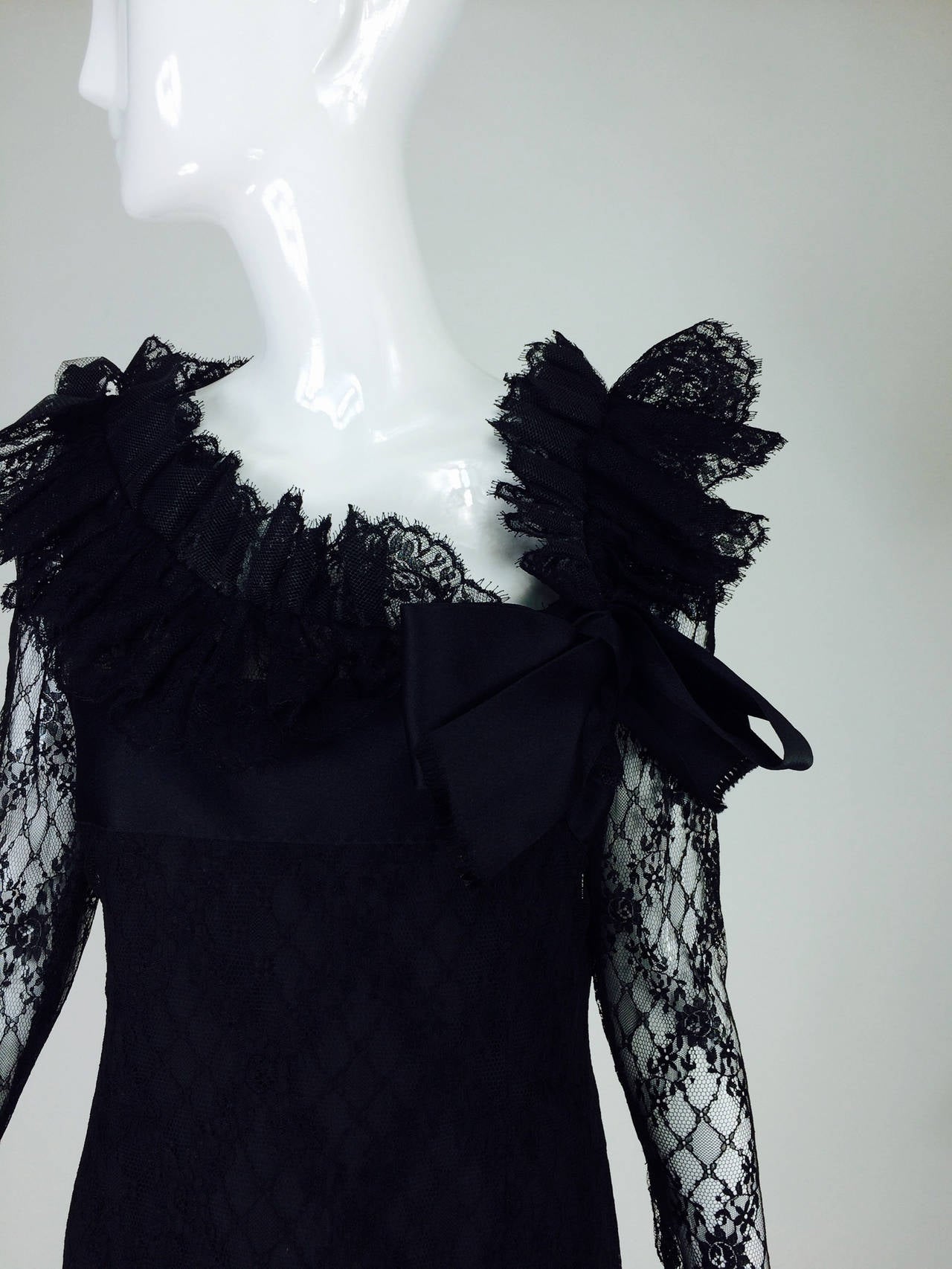 Bill Blass black lace ruffle & bow trimmed cocktail dress 1970s In Excellent Condition In West Palm Beach, FL