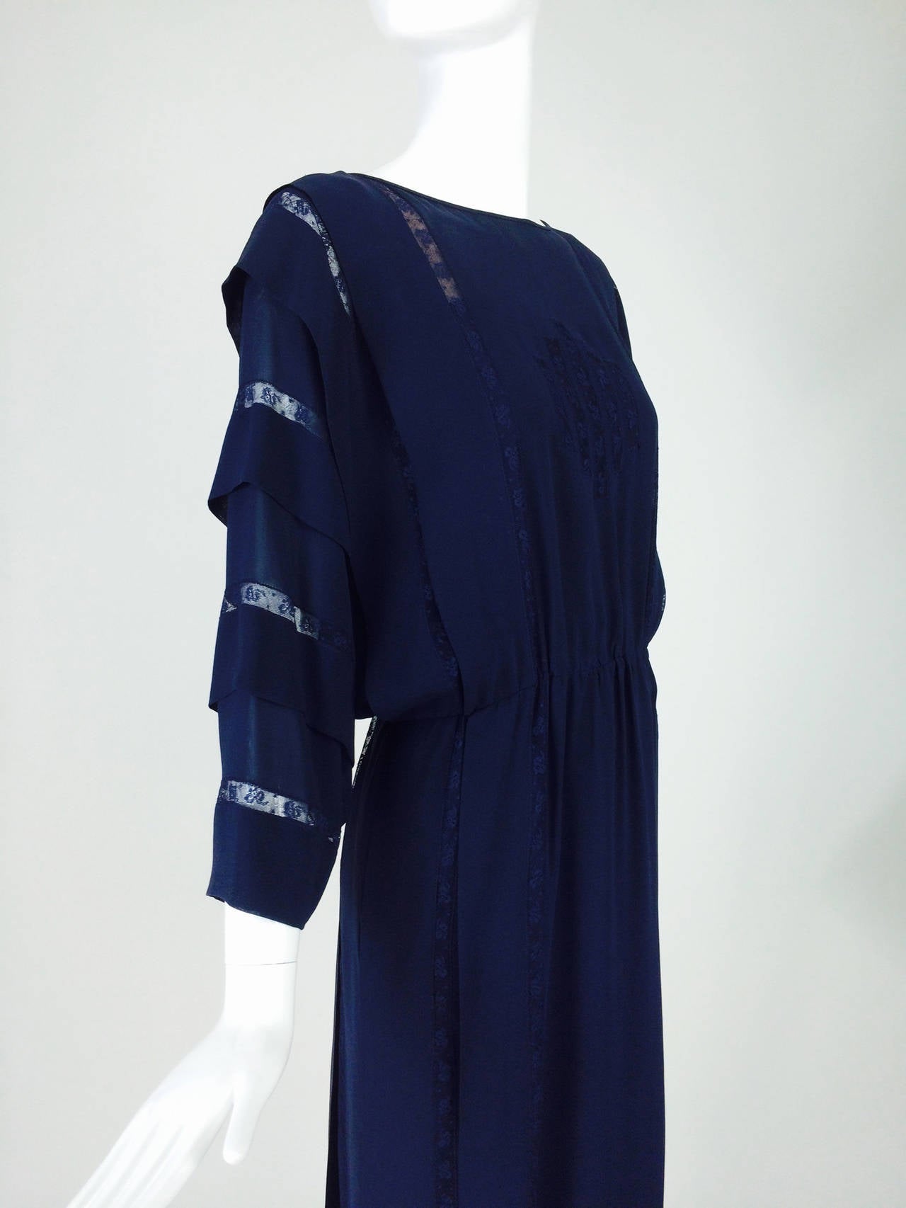 Chloe by Karl Lagerfeld blue chiffon lace insertion dress early 1980s 5