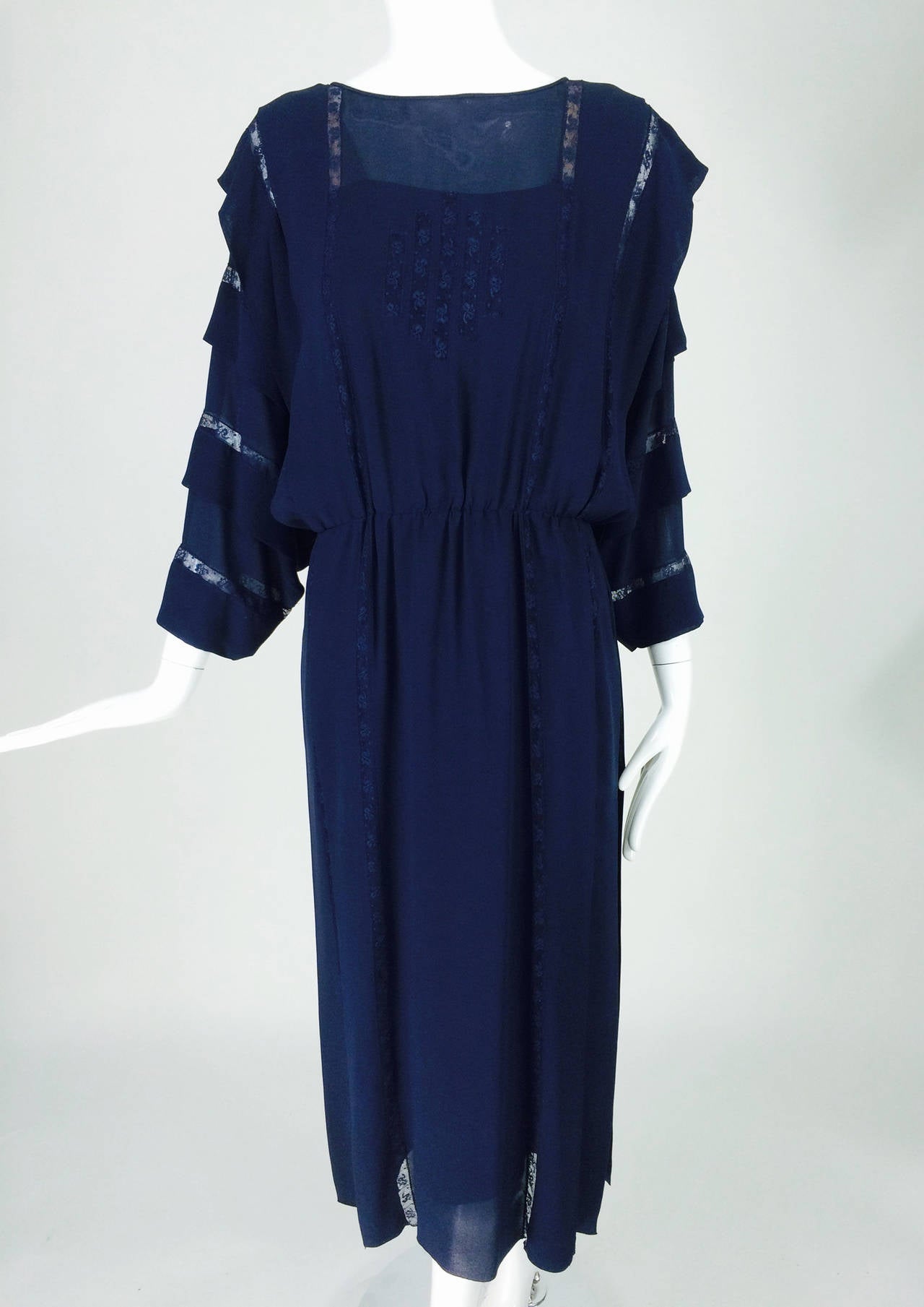 Chloe by Karl Lagerfeld blue chiffon lace insertion dress early 1980s In Excellent Condition In West Palm Beach, FL