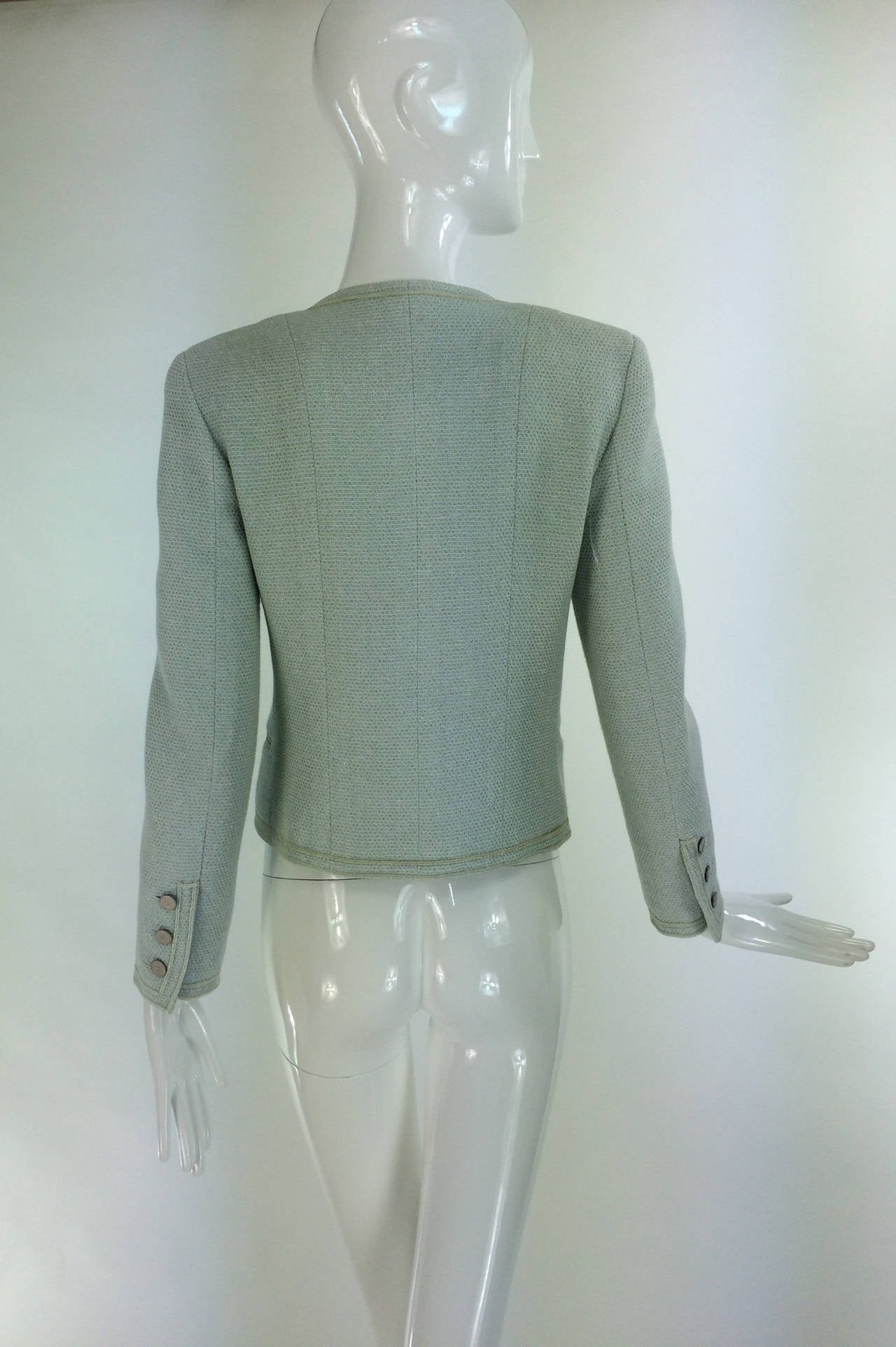 Gray Chanel mint green glitter tweed cropped jacket 2000