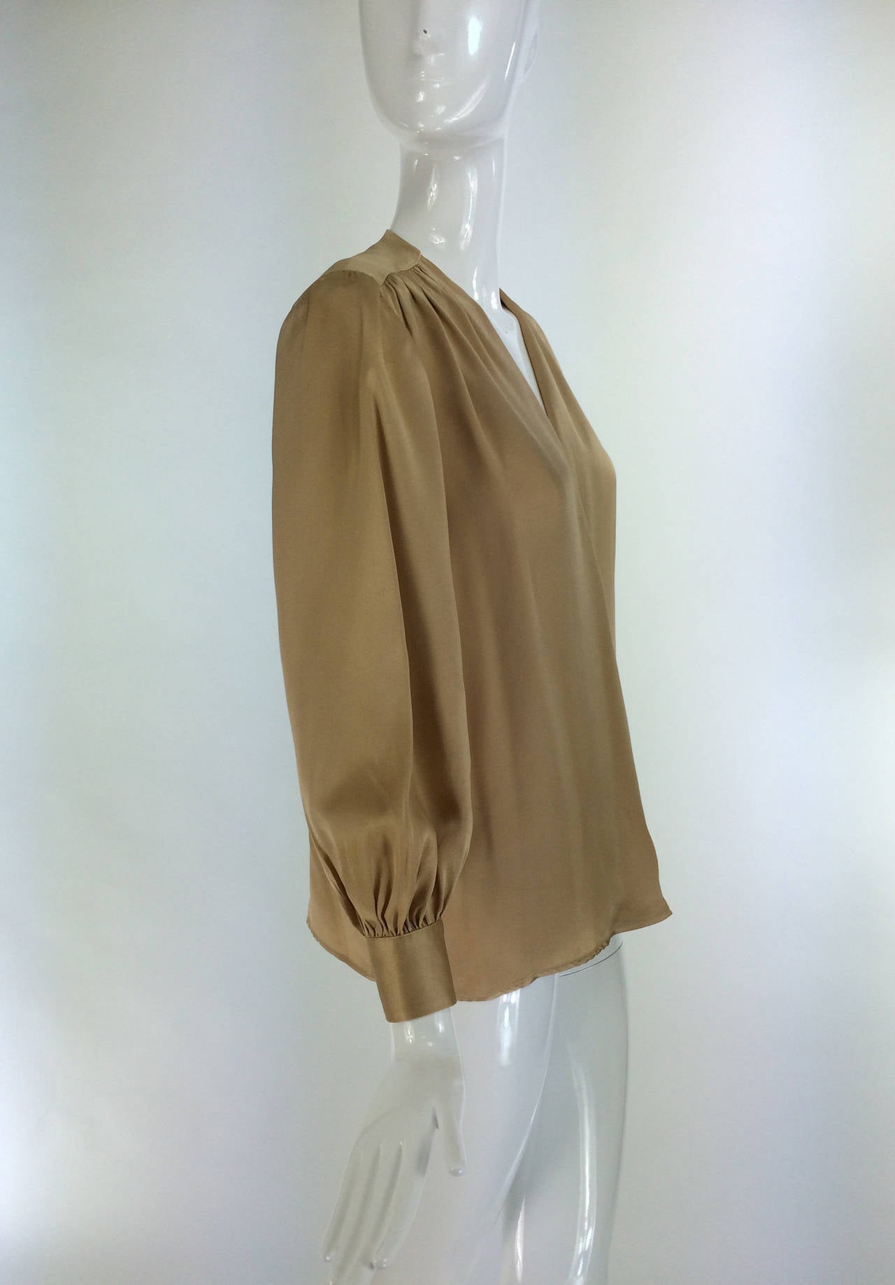 Brown Yves St Laurent Rive Gauche gold silk charmeuse blouse 1990s