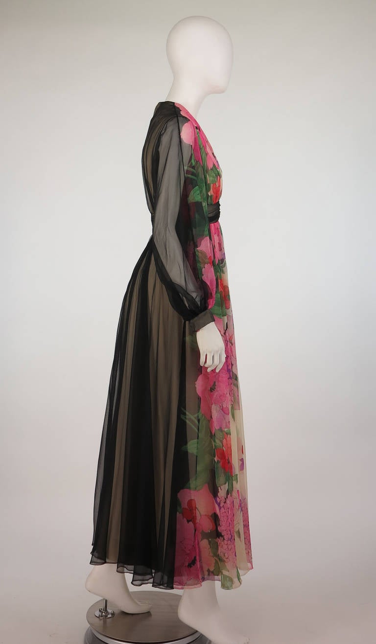 Brown 1970s Mollie Parnis Boutique floral chiffon maxi dress