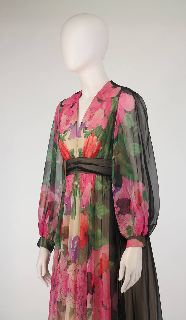 1970s Mollie Parnis Boutique floral chiffon maxi dress 2
