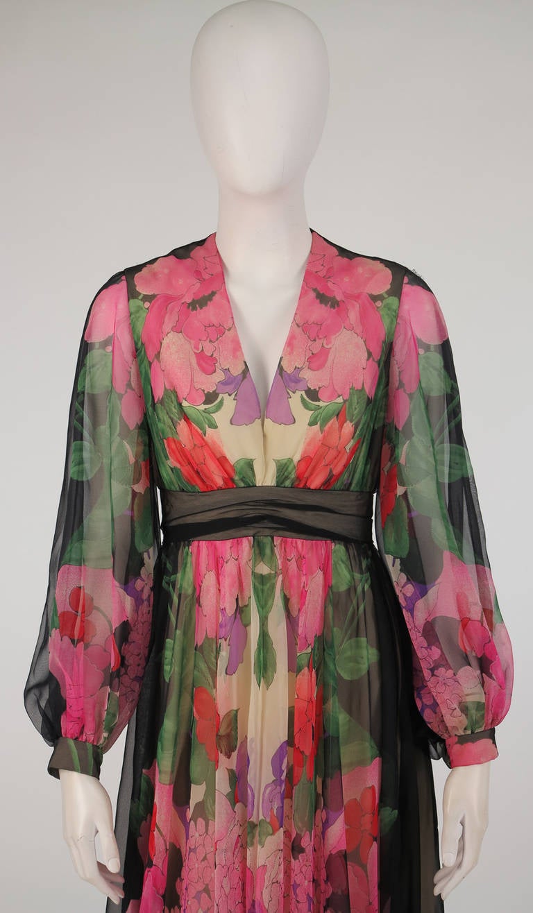 1970s Mollie Parnis Boutique floral chiffon maxi dress 3