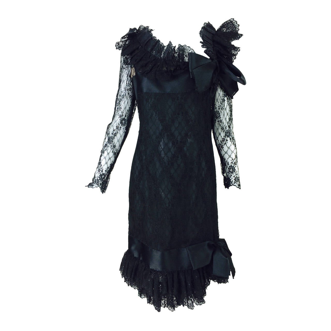 Bill Blass black lace ruffle & bow trimmed cocktail dress 1970s