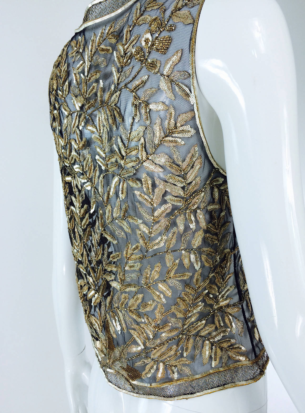 Women's Bill Blass golden sequin & beaded tulle evening vest 1970s