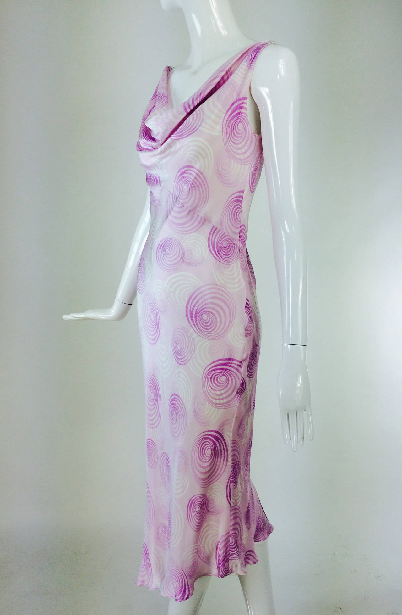 Escada bias cut silk spiral print cowl neck dress 1990s 4
