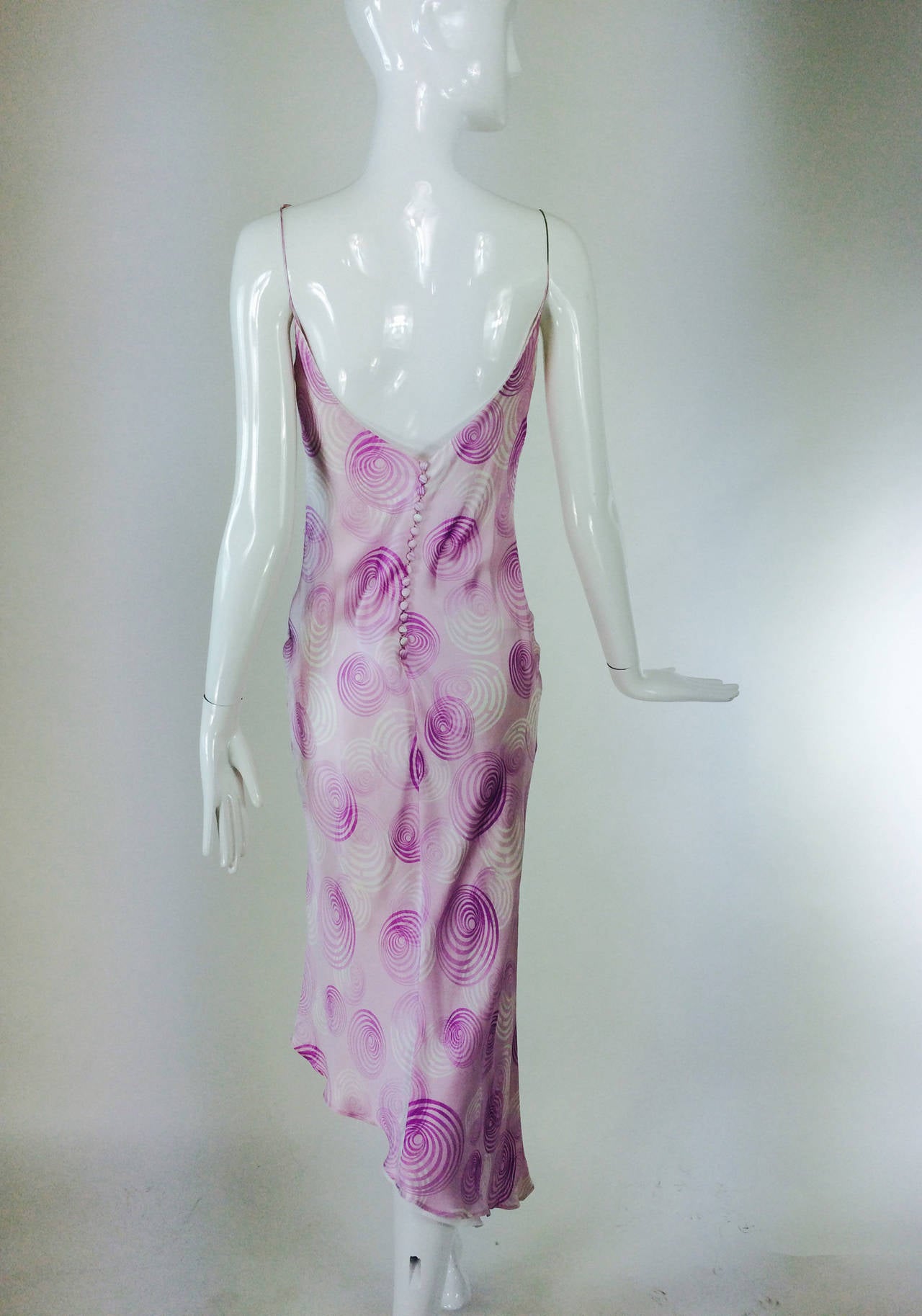 Escada bias cut silk spiral print cowl neck dress 1990s 1