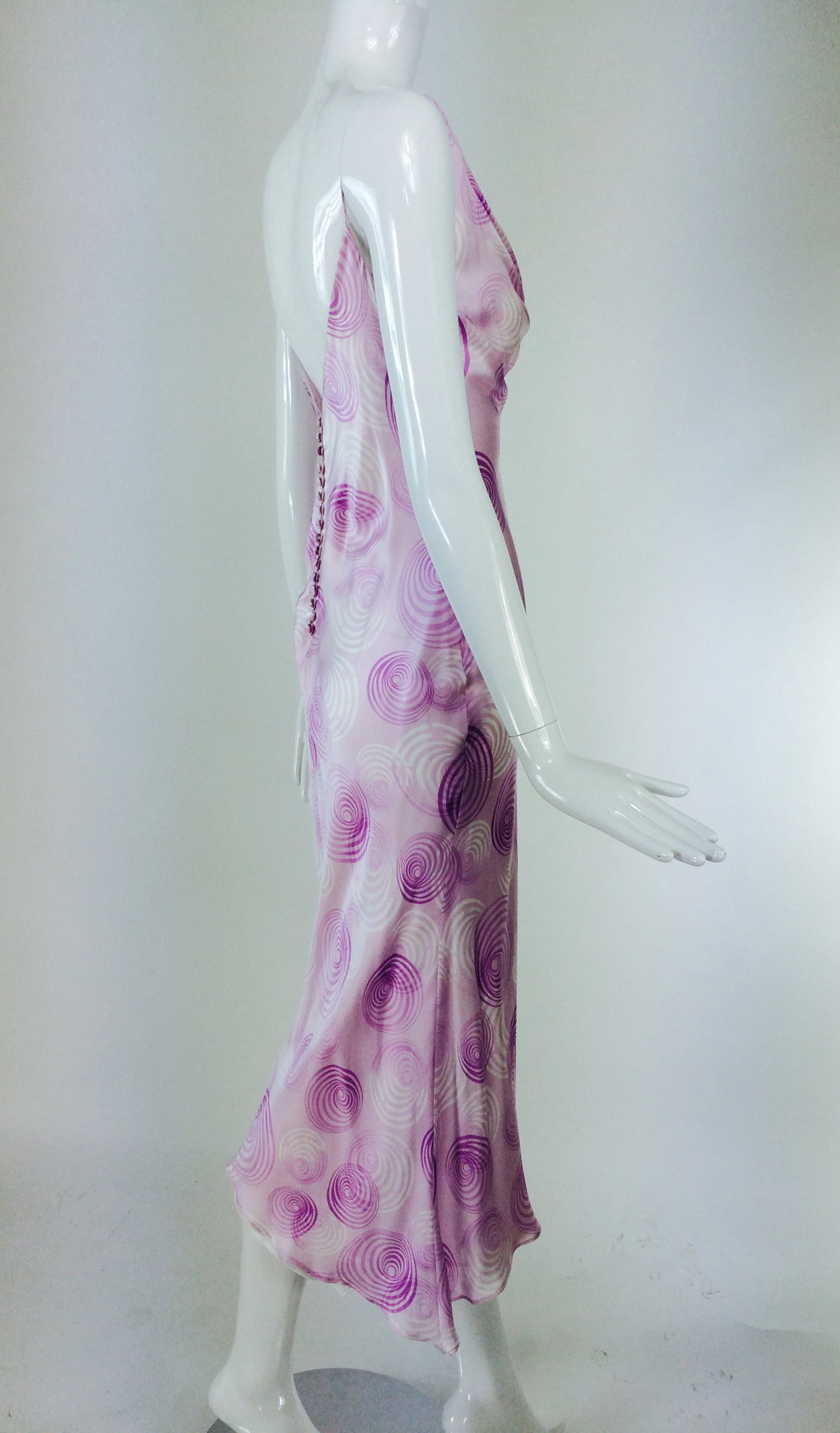 Escada bias cut silk spiral print cowl neck dress 1990s In Excellent Condition In West Palm Beach, FL