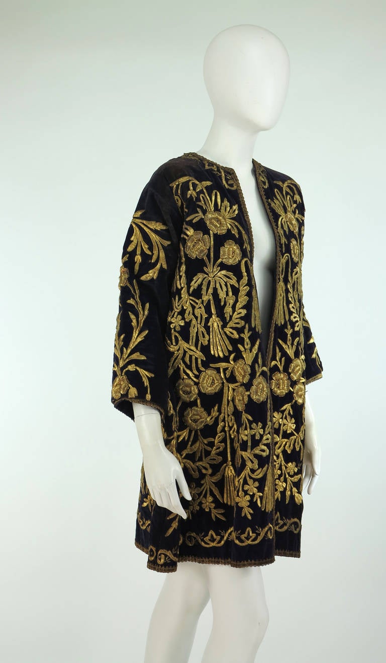 Black 19th Century Ottoman Empire gold metallic embroidered velvet coat