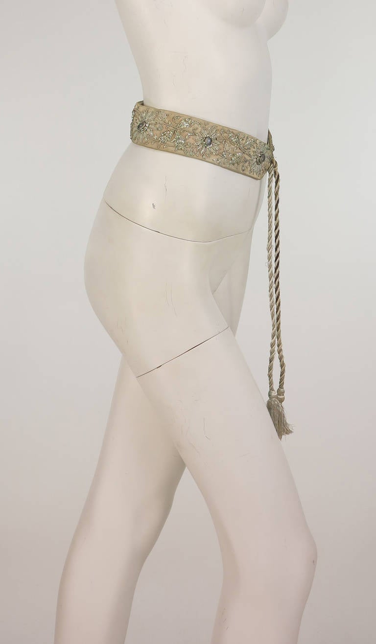 Brown 1960s India silver metallic embroidered belt with semi precious stones