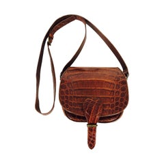 Saddle bag handbag cognac leather faux alligator Neiman Marcus 1980s