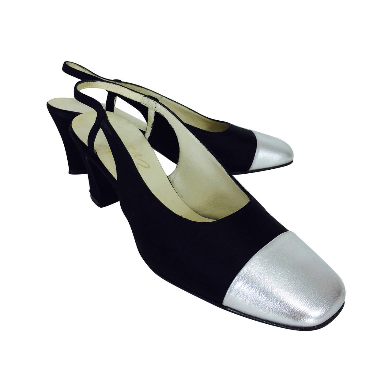 Evins for I Miller black satin & silver leather sling back pumps  5 1/2N 1960s