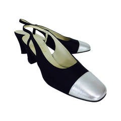 Evins for I Miller black satin & silver leather sling back pumps 5 1/2N 1960s 1