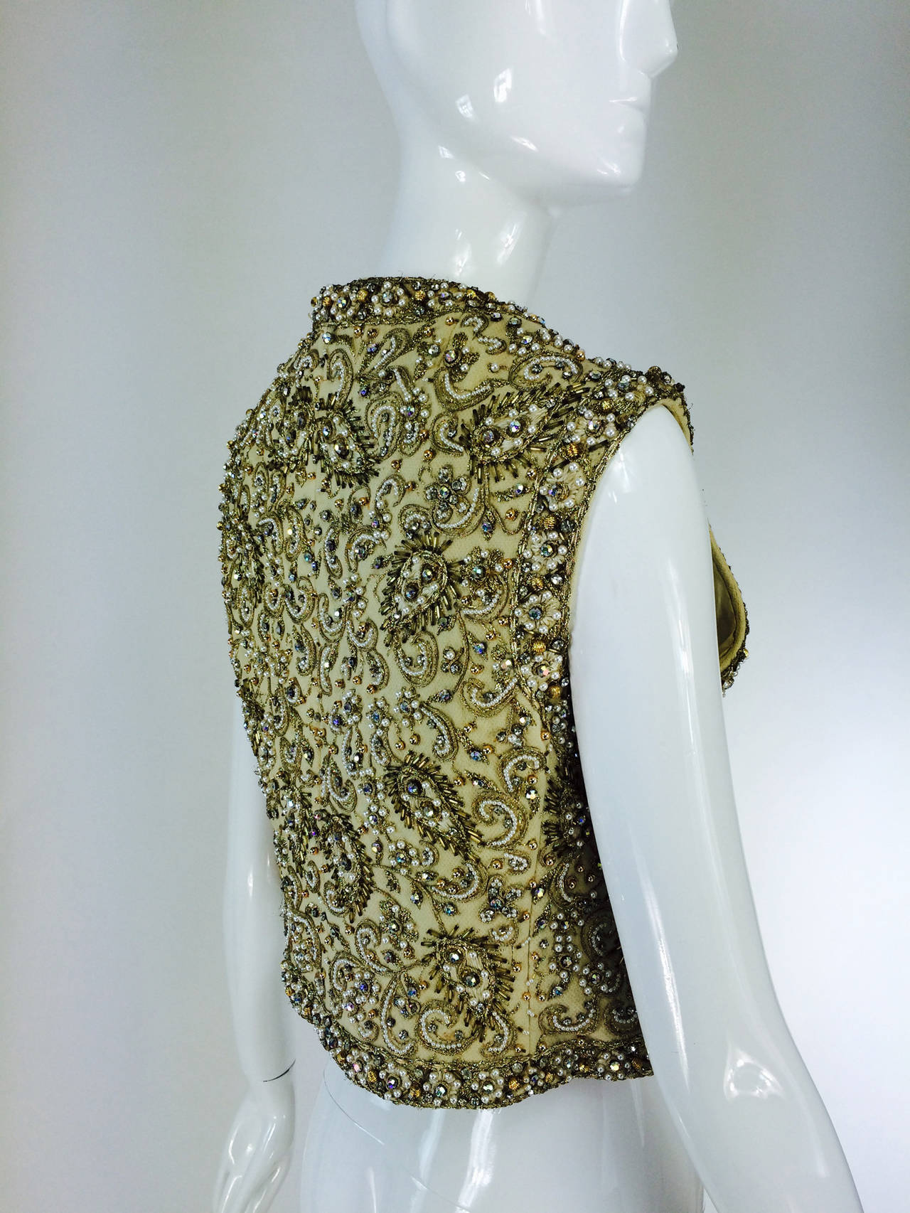 Brown Marie McCarthy for Larry Aldrich gold sequin & rhinestone beaded vest 1960s