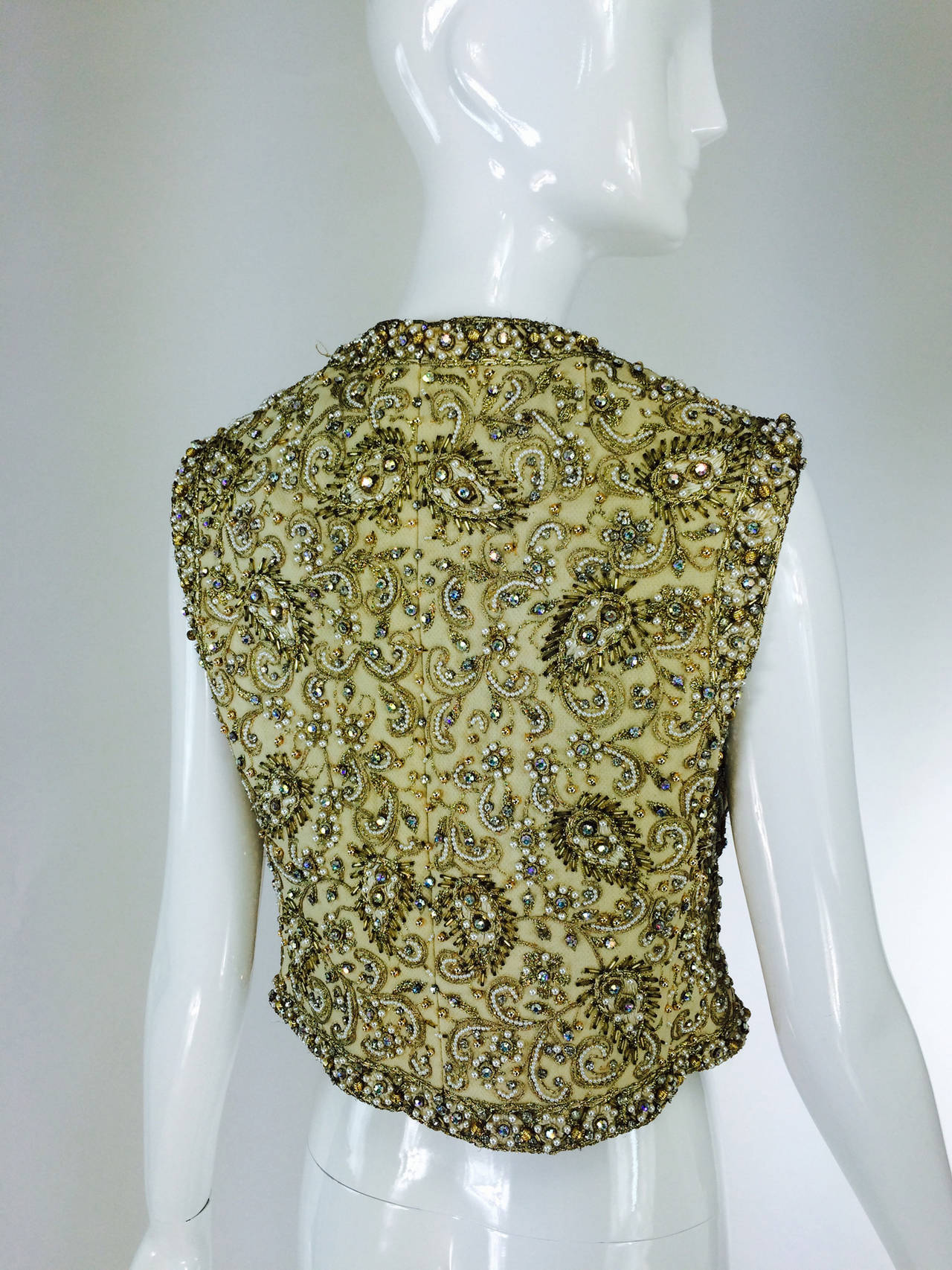 Marie McCarthy for Larry Aldrich gold sequin & rhinestone beaded vest 1960s In Excellent Condition In West Palm Beach, FL