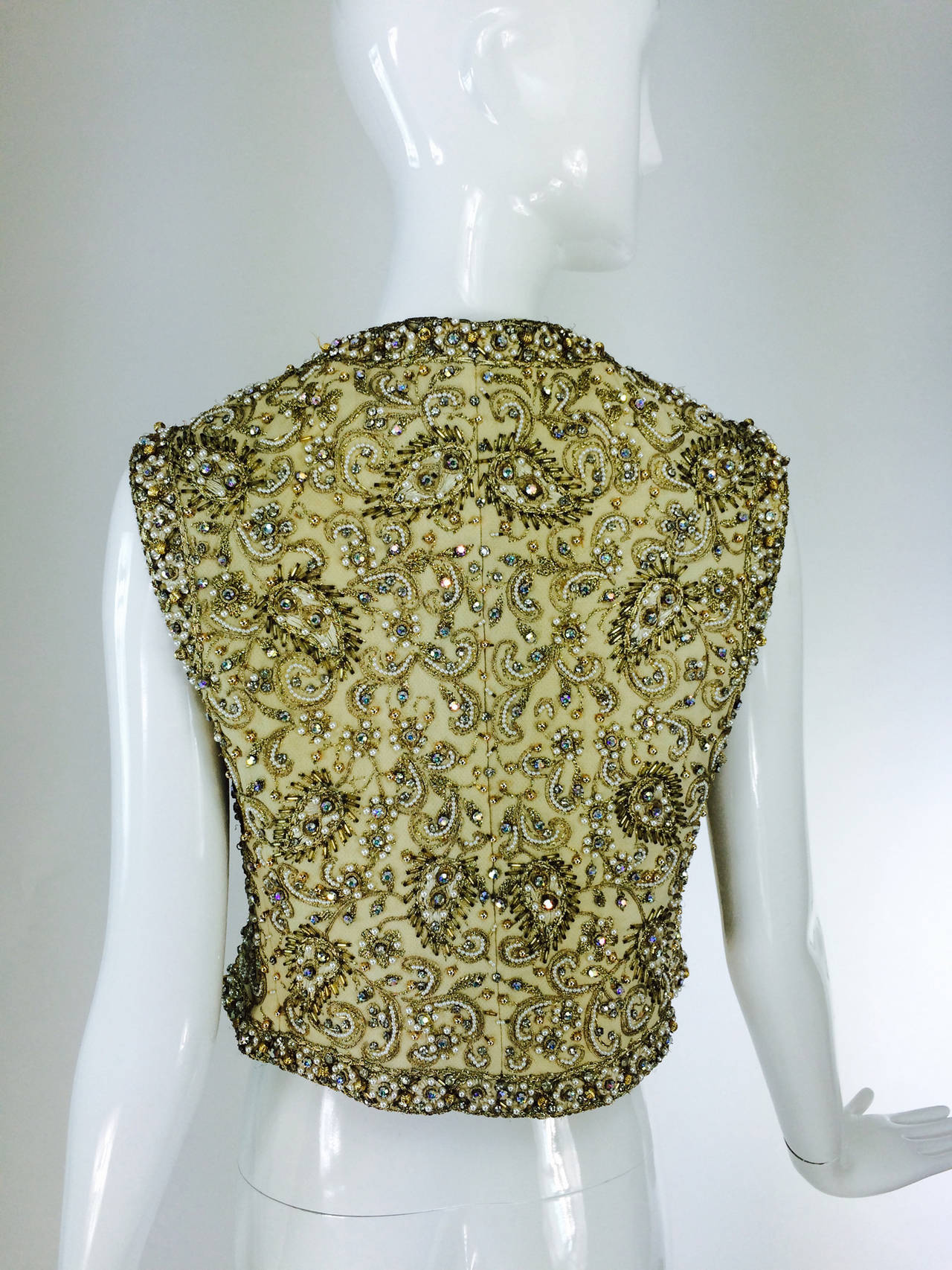 Women's Marie McCarthy for Larry Aldrich gold sequin & rhinestone beaded vest 1960s