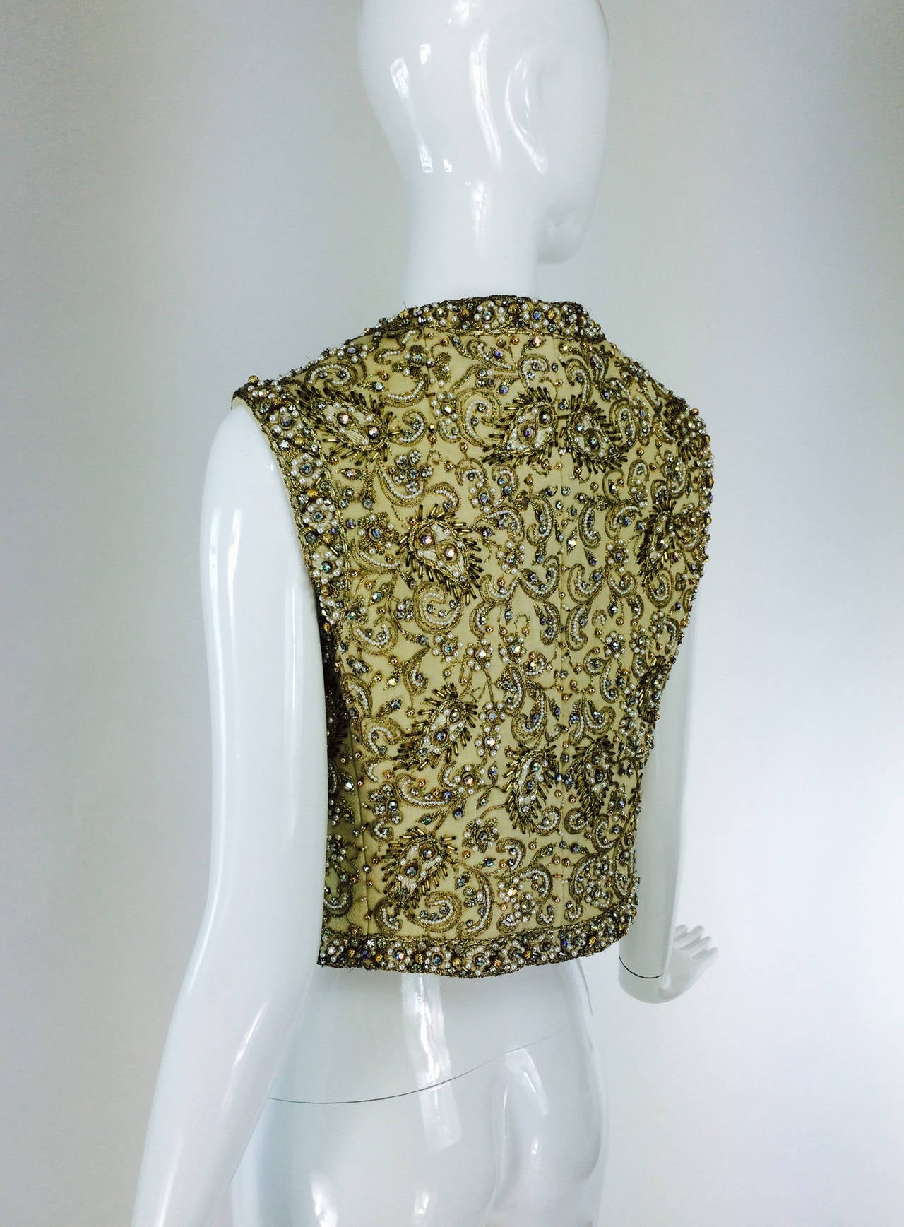 Marie McCarthy for Larry Aldrich gold sequin & rhinestone beaded vest 1960s 1