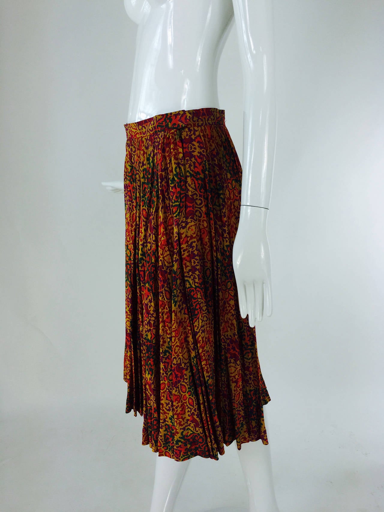 Yves St Laurent YSL Rive Gauche golden silk print knife pleated skirt 1970s 2