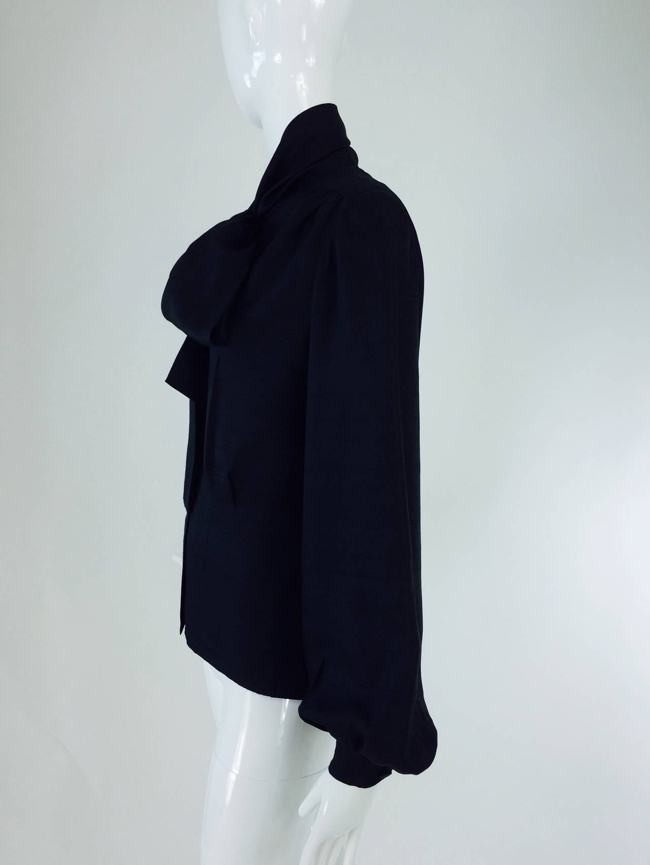 Pierre Balmain Haute Couture black Pongee silk bow tie blouse 1950s For Sale 3