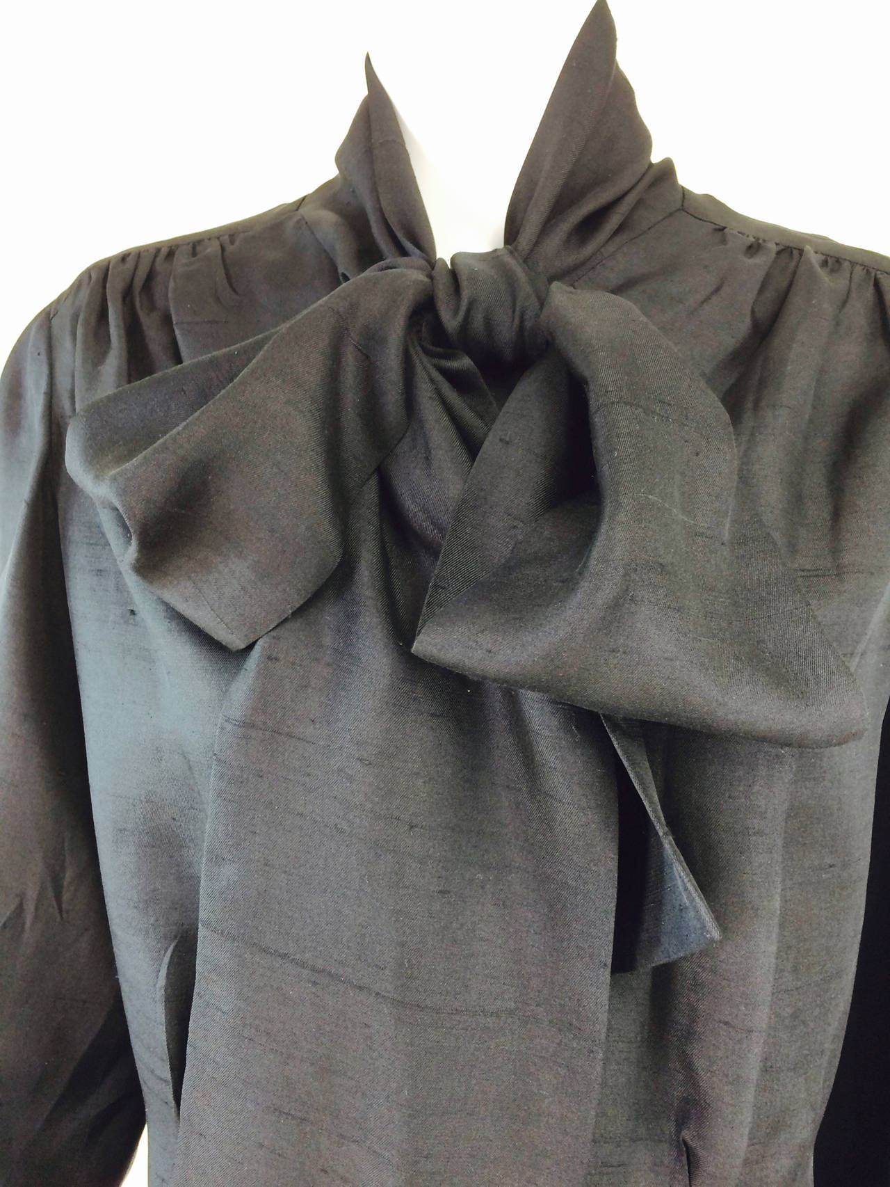 Black Pierre Balmain Haute Couture black Pongee silk bow tie blouse 1950s For Sale