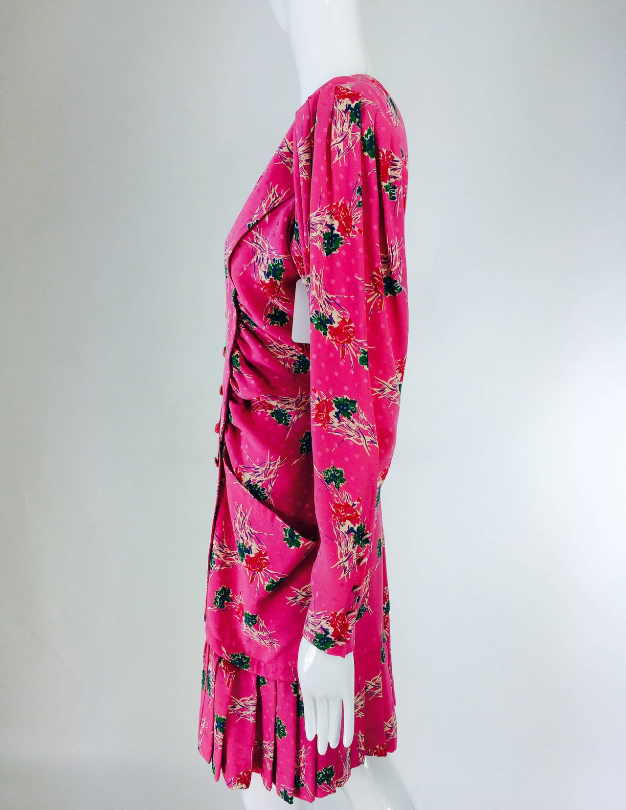 Ungaro hot pink print plunge pleat hem dress 1990s 4